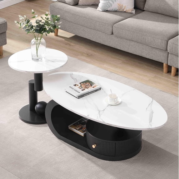 YWEN Faux Marble Nesting Coffee Table Set of 2,Modern Coffee Table Set with End,Oval Living Room Table with Gold Metal Base,White Marble Grain Top & 1 Drawer,Stack Tea Table Set