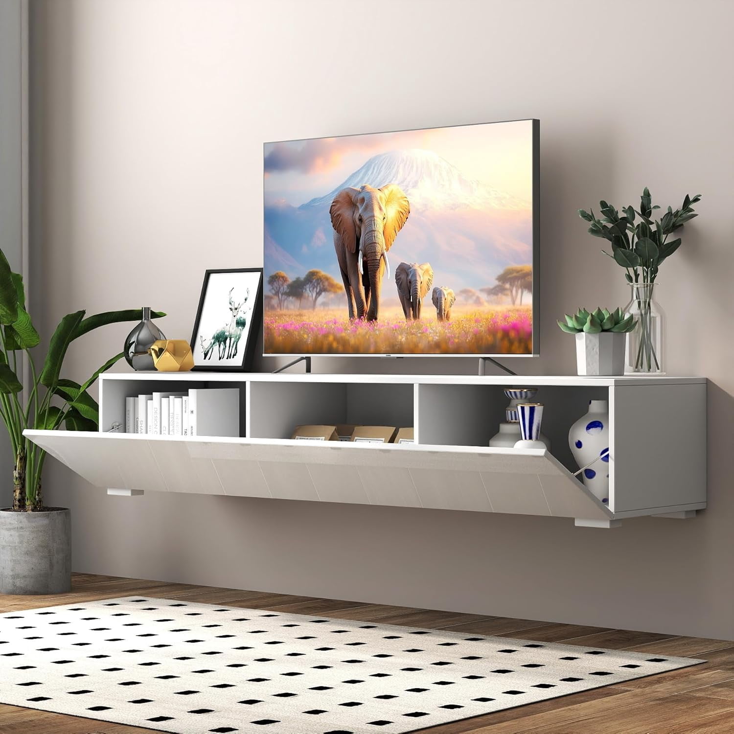 YWEN Floating TV Stand Wall Mounted for 75 Inch TV, Wood TV Stand with ...
