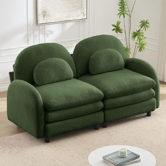 YWEN Fluffy Teddy Fleece Modular Sectional Sofa Couch, 2-4 Seat Cloud-Like Curved Deep Seat with Double-Layer Cushion, Movable Ottoman, Curved Backrest Armrest & Lumbar Pillows