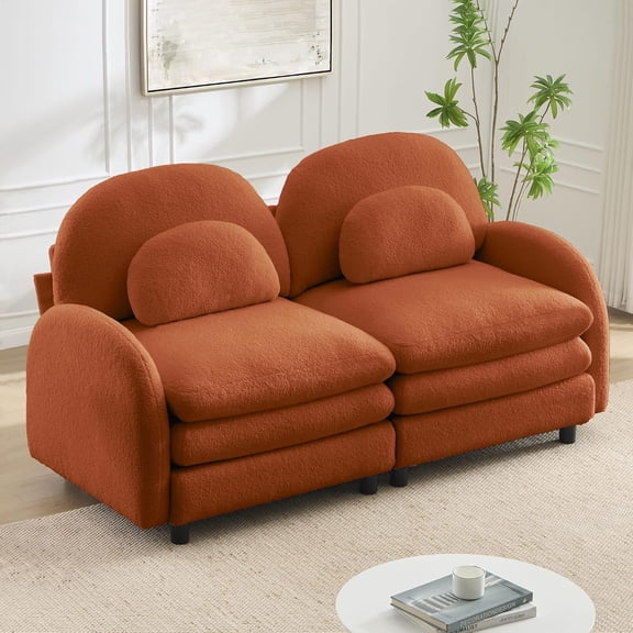 YWEN Fluffy Teddy Fleece Modular Sectional Sofa Couch, 2-4 Seat Cloud-Like Curved Deep Seat with Double-Layer Cushion, Movable Ottoman, Curved Backrest Armrest & Lumbar Pillows