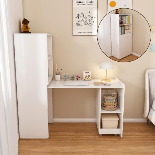 YWEN Folding Out Desk with Storage Shelves, Expandable Hidden Computer Desk, Foldable Space-Saving Pull Out Murphy Table, Writing Table with Mobile Wheels for Home Office Bedroom Small Spaces