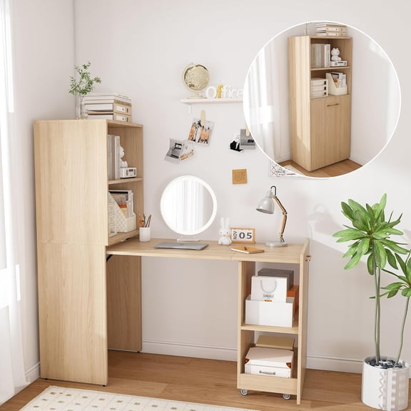 YWEN Folding Out Desk with Storage Shelves, Expandable Hidden Computer Desk, Foldable Space-Saving Pull Out Murphy Table, Writing Table with Mobile Wheels for Home Office Bedroom Small Spaces