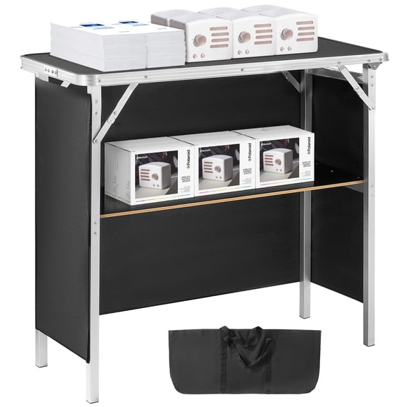 YWEN Folding Portable Bar Table, Tradeshow Podium Table for Indoor, Outdoor, Party, Picnic, Exhibition, Includes Carrying Case, Storage Shelf and Black Skirt, 38.39" x 15.16" x 34.25"