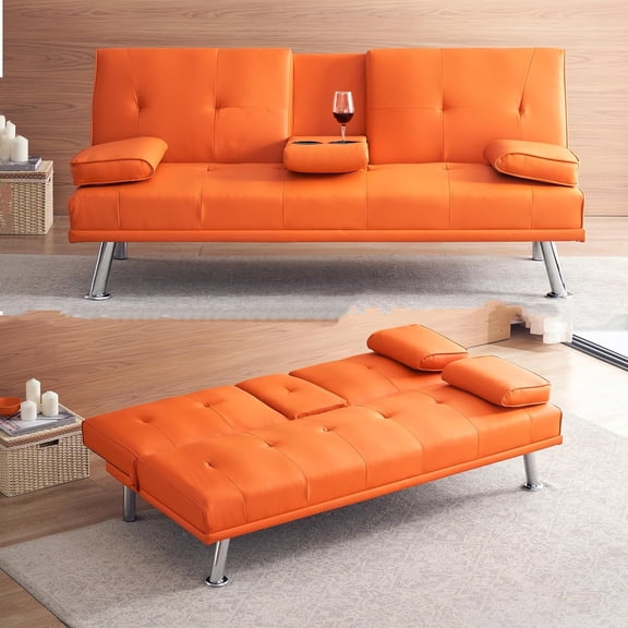 YWEN Futon Sofa Bed Modern Folding Couch for Small Space, Faux Leather Convertible Loveseat Sleeper Bed Daybed Recliner Lounge Sofas for Living Room,2 Cup Holders,Metal Legs,Removable Armrests