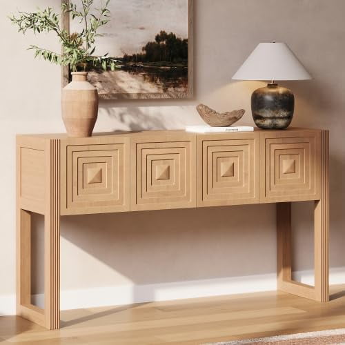 YWEN Geometric Carved Console Table with 3 Drawers, Entryway Table with Fluted Legs, Solid Wood Sofa Table for Living Room, Entrance, Hallway