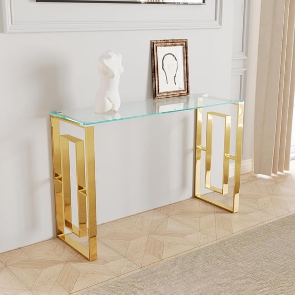 YWEN Glass Console Table, Modern 47.2'' Entryway Table, Glass Top with Stainless Steel Base, Metal Hallway Narrow Sofa Table Suitable for Entrance, Living Room