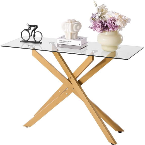 YWEN Glass Dining Table, Modern Rectangle Entryway Table with Tempered Glass Top & Iron Cross-Legs, Golden Consloe Desk with Adjustable Anti-Slip Foot Pads for Living Room, Entryway, Hallway