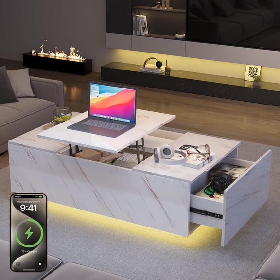 YWEN LED Coffee Table, 47.2" Lift Top Coffee Tables with Drawers and Large Storage, Smart Living Room Table with Wireless Charging & Bluetooth Speaker, Dining Center Tables with Storage Shelf, White