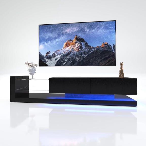 YWEN LED TV Stand for 55 65 75 Inch TV, Entertainment Center Equipped with Two Pull-Down Door, 50 60 70 Inch TV Console Gaming Media Console with Tempered Glass and Power Cord for Living Room, Black