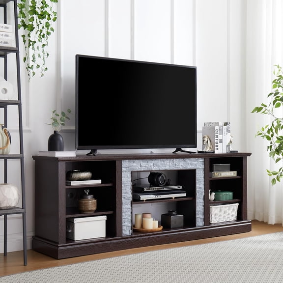 YWEN Large Faux Stacked Stone TV Stand, Desk Storage Rack, Media Console Table with Large Storage Cabinet, Modern TV Media Entertainment Stand, 70.12“W x 15.35”D x 25.83" H (Cherry)