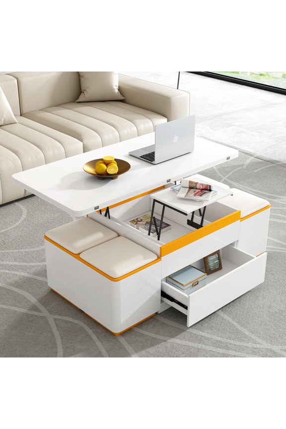 YWEN Lift-Top Coffee Table with 4 Storage Stools, Modern Space Saving Center Table with Foldable Top, Multi-Functional Adjustable Coffee Table for Living Room