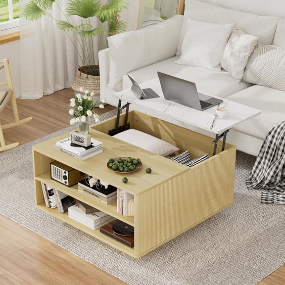 YWEN Lift Top Coffee Table with Storage, Fluted Natural Wood Square Center Table with Open Storage, Living Room Central Table w/Large Hidden Space, for Living Room, Bedroom, Home Office