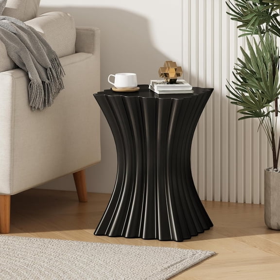 YWEN Lightweight Concrete Outdoor Side Table, Wave Design Sofa End Table for Living Room, MGO Patio Accent Table, Garden Stool or Plant Stand, Black