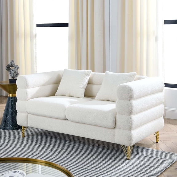 YWEN Loveseat Sofa Modern Couch, 60" W Teddy Boucl Comfy Cloud Sofa with Gold Legs & Pillows, Upholstered Tufted Deep Seat Cozy Sherpa Couch for Living Room, Bedroom, Office, Apartment