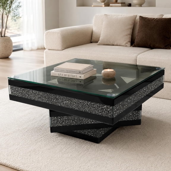 YWEN Luxurious Mirrored Coffee Table with Faux Diamond Inlay - Contemporary Square Three-Tier Center Table for Living Room - High Quality Clear Tempered Glass and Acrylic - Easy to Assemble