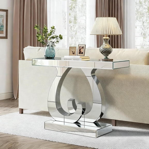 YWEN Luxury Mirrored Console Table Modern Silver Glass Entryway Tables with Double C-Shape Base 39.4" Rectangle Mirrored Sofa Table Behind Couch Foyer Tables for Living Room Hallway Entrance