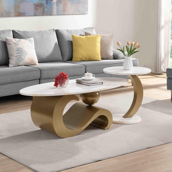 YWEN Luxury Nesting Coffee Table Set with Golden Base Modern Faux Marble Living Room Table Set of 2 Include Oval Coffee Table and End Table for Living Room Bedroom