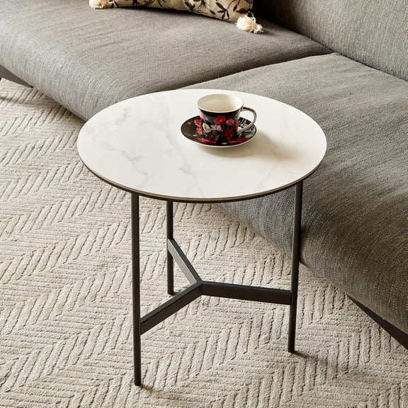 YWEN Marble Coffee Table, Oval Modern Center Table for Living Room, White Stone Coffee Tables Set of 2,2-Tier Circle Sintered Stone Top Table + Round Table