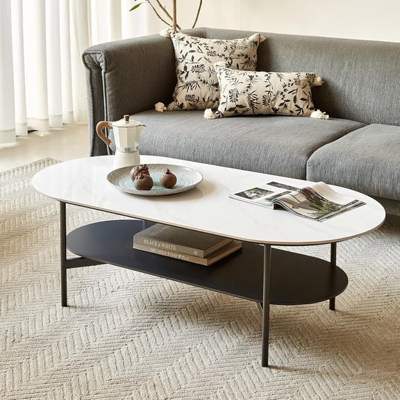 YWEN Marble Coffee Table, Oval Modern Center Table for Living Room, White Stone Coffee Tables Set of 2,2-Tier Circle Sintered Stone Top Table