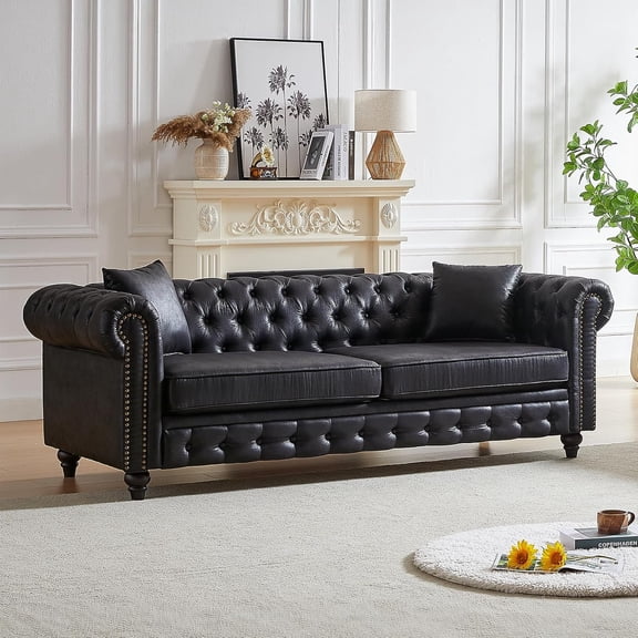 YWEN Mid Century Modern Couch, 85.5"W Velvet Fabric Button Tufted Oversized Loveseat Sofa with Nailhead Trim & Roll Armrests, Deep Seat Comfy Chesterfield Sofa for Living Room, Office(3 Seater)