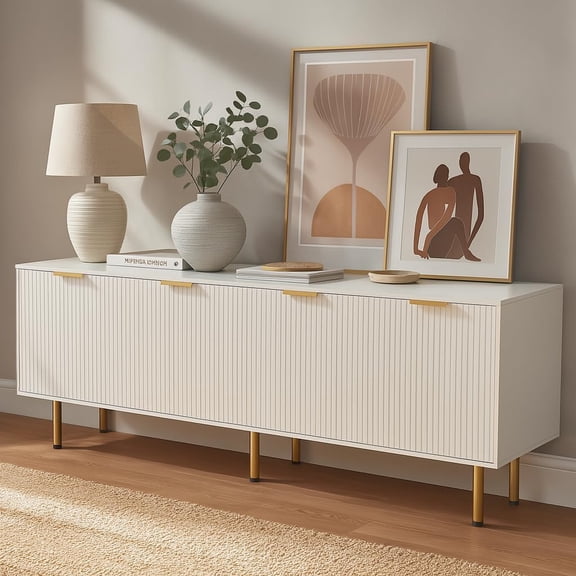 YWEN Mid Century Modern TV Stand for 80 Inch TV, Entertainment Center with 4 Large Drawers, TV Stand for Living Room, Media TV Console Table with Storage for Bedroom, White