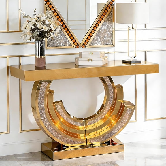 YWEN Mirrored Console Table, 42.9" Rectangle Sofa Table with Sparkling Crystal 3C Shaped Base, Modern Luxury Mirrored Furniture with Diamond Glass Effects