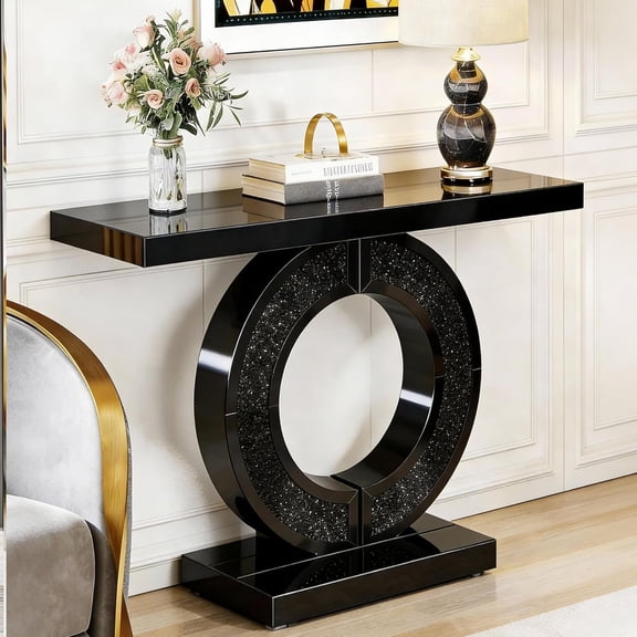 YWEN Mirrored Console Table, 42.9" Rectangle Sofa Table with Sparkling Crystal O Shaped Base, Modern Luxury Mirrored Furniture with Diamond Glass Effects for Entryway Hallway (No Mirror)