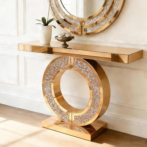 YWEN Mirrored Console Table, 42.9" Rectangle Sofa Table with Sparkling Crystal O Shaped Base, Modern Luxury Mirrored Furniture with Diamond Glass Effects for Entryway Hallway (No Mirror)