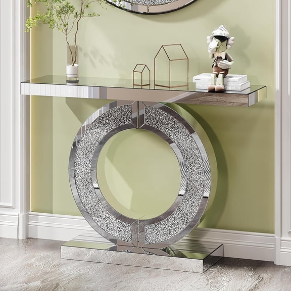 YWEN Mirrored Console Table, 42.9" Rectangle Sofa Table with Sparkling Crystal O Shaped Base, Modern Luxury Mirrored Furniture with Diamond Glass Effects for Entryway Hallway (No Mirror)