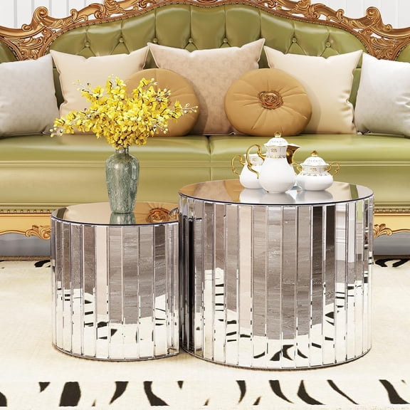 YWEN Mirrored Round Nesting Coffee Table Set of 2 Modern Mirror Glass Small Coffee Tables Circle Drum Accent Side End Table for Small Space Living Room Bedroom,No Need Assembly