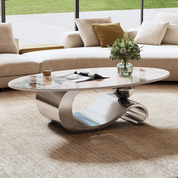 YWEN Modern Coffee Table, Faux Marble Top Tea Table with Stainless Steel Base, Center Cocktail Table for Living Room, Apartment, Easy Assembly,49.20 Inch Oval