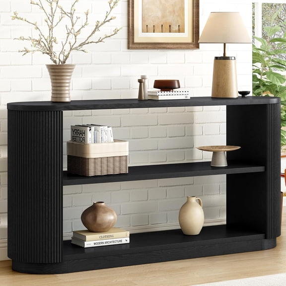 YWEN Modern Curved Console Table 59-Inch Oval Fluted Entry Sofa Table with Open Storage Shelves for Living Room Entryway Hallway Furniture