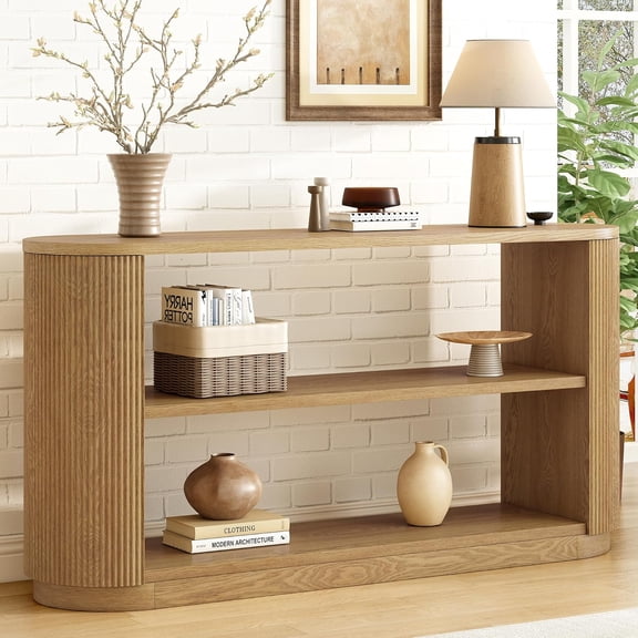 YWEN Modern Curved Console Table 59-Inch Oval Fluted Entry Sofa Table with Open Storage Shelves for Living Room Entryway Hallway Furniture