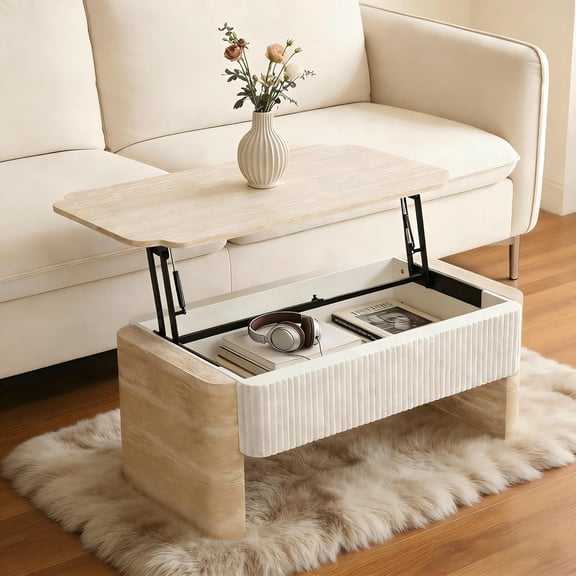YWEN Modern Lift Top Coffee Table with Storage, Faux Travertine Coffee Table with Stone-Like Finish & Sturdy Pedestal Base,Contemporary Rectangular Living Room Center Table for Cozy Home Decor
