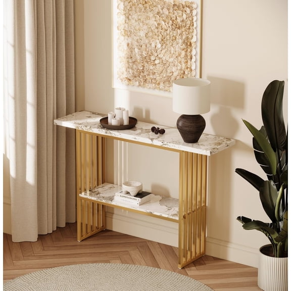 YWEN Modern Luxury Console Table with Storage Shelf, Gold Metal Frame with Faux Marble Top, 47.24 x 11.69 x 36.22 Inches, Entryway Table for Living Room Decor