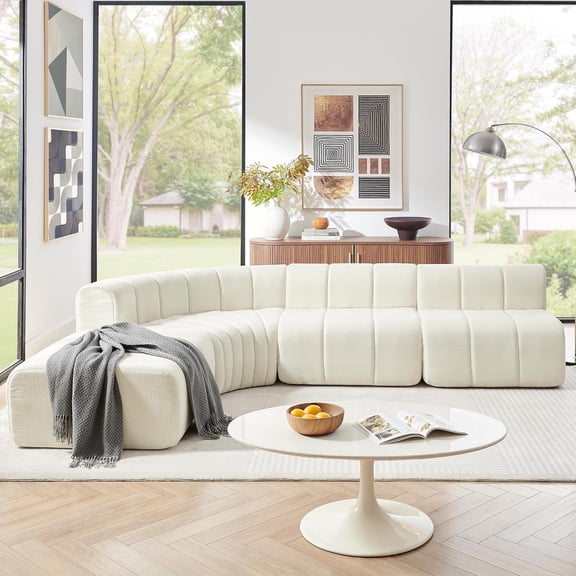 YWEN Modern Modular Sectional Sofa with Movable Adjustable Ottoman, Semi-Curved Combined Sofa, Vertical Stitched Chenille Couch, Rounded Edge Wear-Resistant Floor Sofa for Indoor Use
