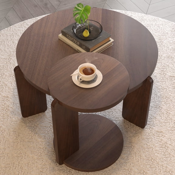 YWEN Modern Nesting Coffee Table Set of 2, 2-Piece Modern 32.68" & 16.93" Round Coffee Side Table Set with White Sintered Stone Top and Black Sintered Stone Legs for Living Room