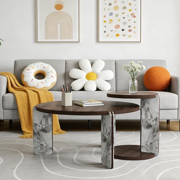 YWEN Modern Nesting Coffee Table Set of 2, 2-Piece Modern 32.68" & 16.93" Round Coffee Side Table Set with White Sintered Stone Top and Black Sintered Stone Legs for Living Room