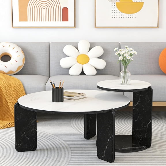YWEN Modern Nesting Coffee Table Set of 2, 2-Piece Modern 32.68" & 16.93" Round Coffee Side Table Set with White Sintered Stone Top and Black Sintered Stone Legs for Living Room