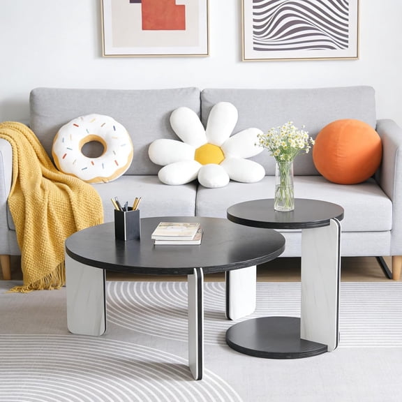YWEN Modern Nesting Coffee Table Set of 2, 2-Piece Modern 32.68" & 16.93" Round Coffee Side Table Set with White Sintered Stone Top and Black Sintered Stone Legs for Living Room