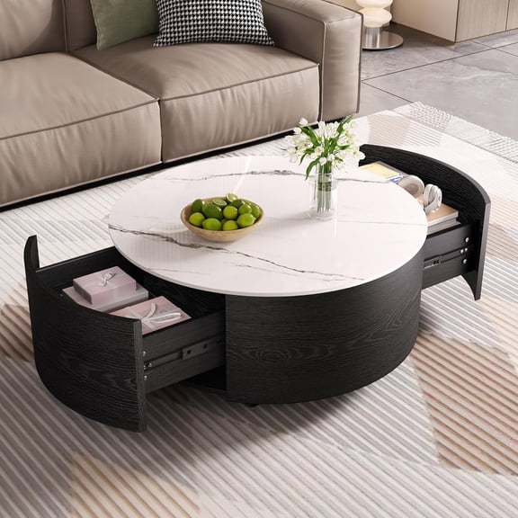 YWEN Modern Round Movable Coffee Table with Casters, 2 Drawers, Marble Pattern Sintered Stone Top, 29.5"