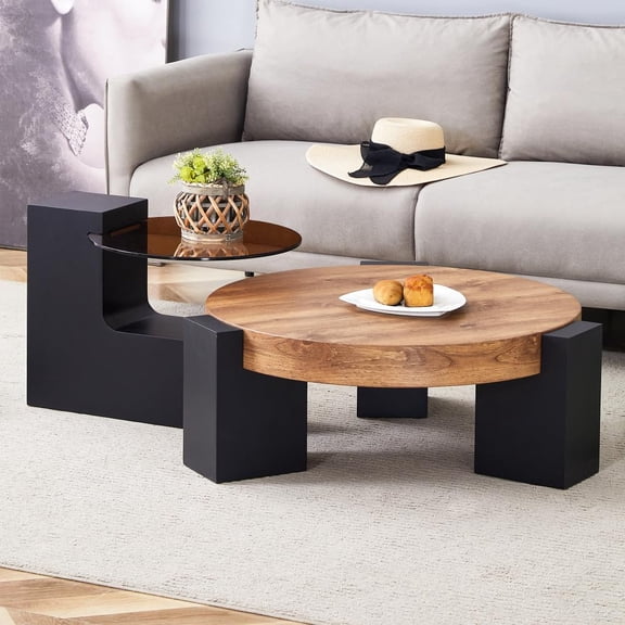 YWEN Modern Simple Double-Layer Round Coffee Table - Transparent Brown Glass Top with Black MDF L-Shaped Legs.The Detachable Design can Make The use of Space More Flexible.