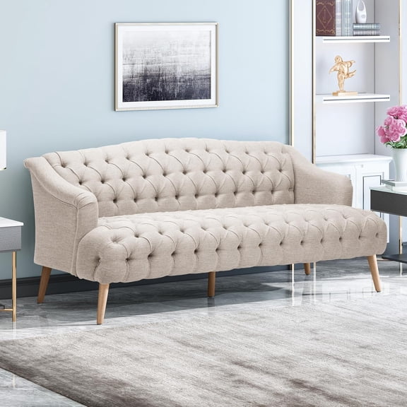 YWEN Modern Wingback Tufted Velvet Loveseat, 73.25" 3 Seat Sofas Settee Bench Banquette Chesterfield Love Seat with High Back Thick Padded Cushioned Upholstered Couch for Living Room, Beige