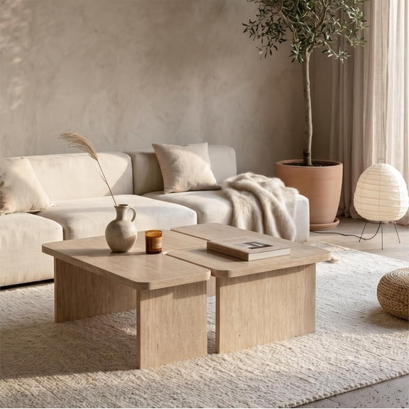 YWEN Modular Concrete Coffee Table Set of 2, Nesting L-Shaped Puzzle Center Table, Faux Stone Look Square or Rectangular Cocktail Table with Slab Legs for Modern Industrial Living Room