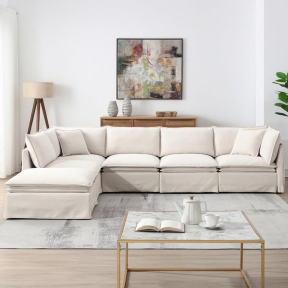 YWEN Modular Sectional Lounge Couch Sofa,Movable Ottoman Convertible L‑Form U‑Configuration, Chenille Upholstered Seating,Extra‑Wide High‑Density Foam Cushion Double‑Layer Pad Skirt Edge