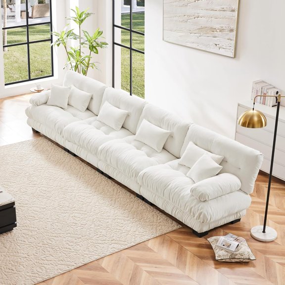 YWEN Modular Sectional Sofa Cloud Couch, Deep Seat Sectional Couches for Living Room, Comfy Soft Chenille Sofa with 6 Pillows, Modern 4 Seater Modular Couch Round Armrests Sofas for Bedroom