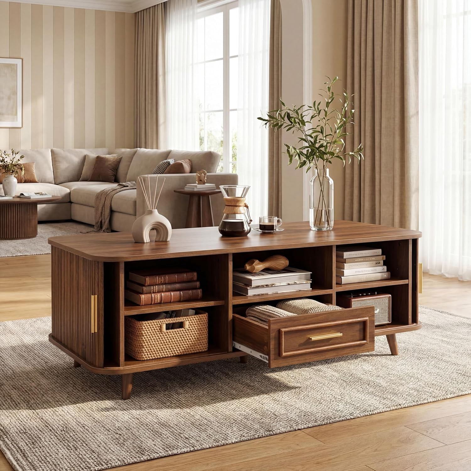 Grooved Table YWEN Multi-Storage Wooden Coffee Table, Rectangular Modern Coffee Table ...