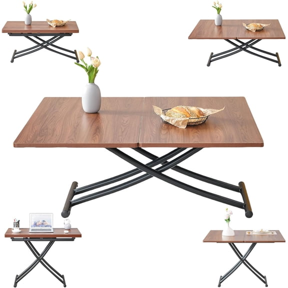 YWEN Multifunctional Folding Table, Lift Top Coffee Table Convertible to Dining Table, Height Adjustable Wooden Dinner Table with Metal Legs, Modern for Small Spaces Dining/Living Room/Kitchen