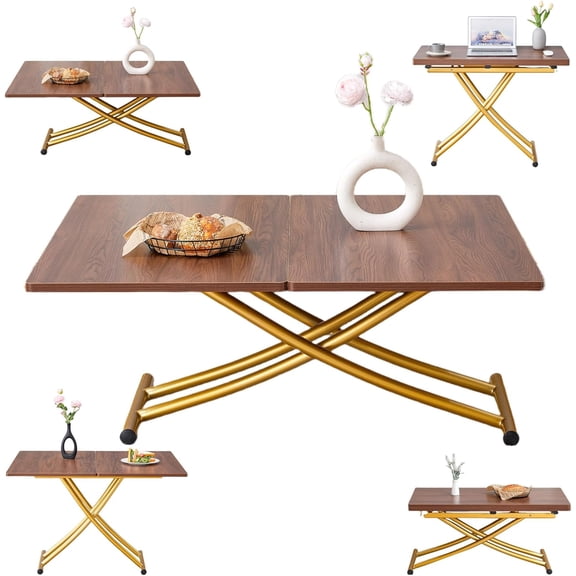 YWEN Multifunctional Folding Table, Lift Top Coffee Table Convertible to Dining Table, Height Adjustable Wooden Dinner Table with Metal Legs, Modern for Small Spaces Dining/Living Room/Kitchen