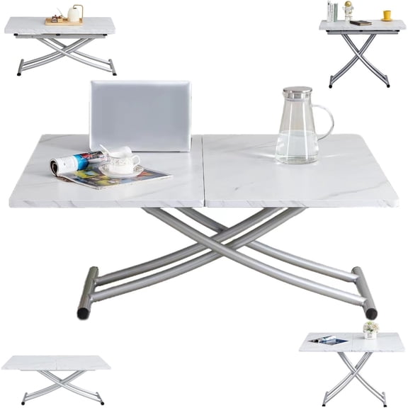 YWEN Multifunctional Folding Table, Lift Top Coffee Table Convertible to Dining Table, Height Adjustable Wooden Dinner Table with Metal Legs, Modern for Small Spaces Dining/Living Room/Kitchen